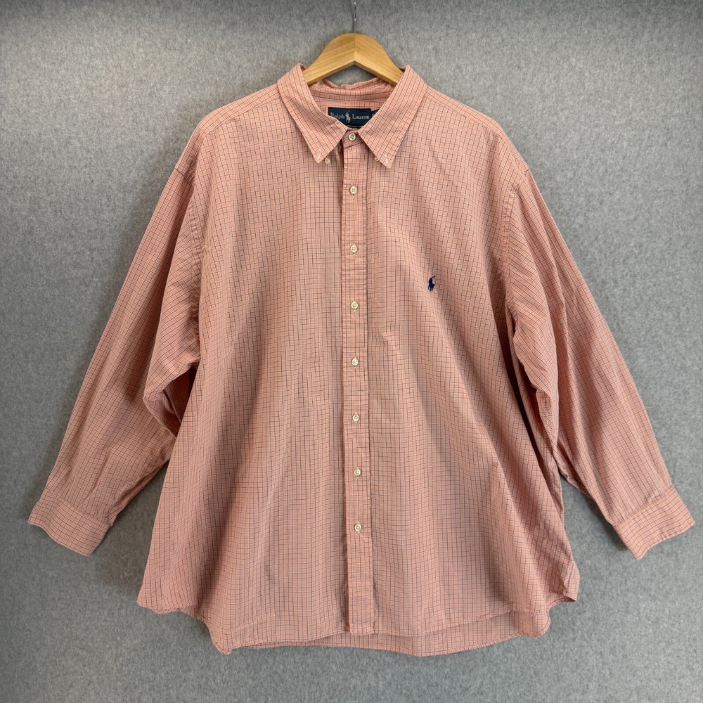 Ralph Lauren Mens Sz 20 34 / 35 4XL Shirt Orange Blue Plaid Button Down LS Pony
